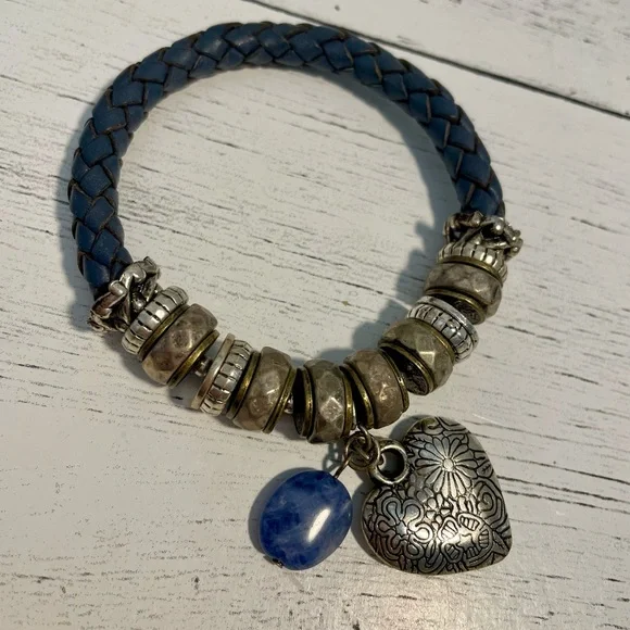 Vintage Blue Braided leather Bracelet with Silver Accents and heart charm - Picture 1 of 8